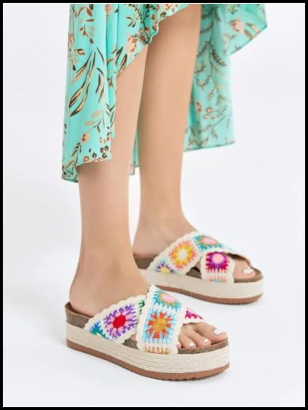 Women's Platform Espadrille Sandals Floral Crochet Open Toe Slides 2.2